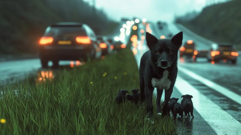 Blind Mother Dog Guides Rescuers to Hidden Pups by Highway